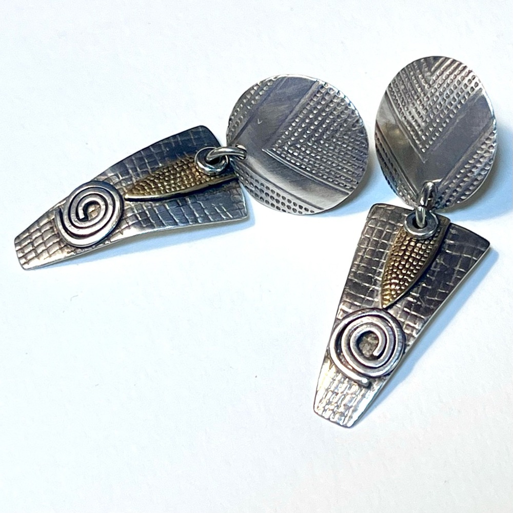 Vintage Post Modern Earrings Mixed Metal Pierced Drop Geometric Etched Brutalist